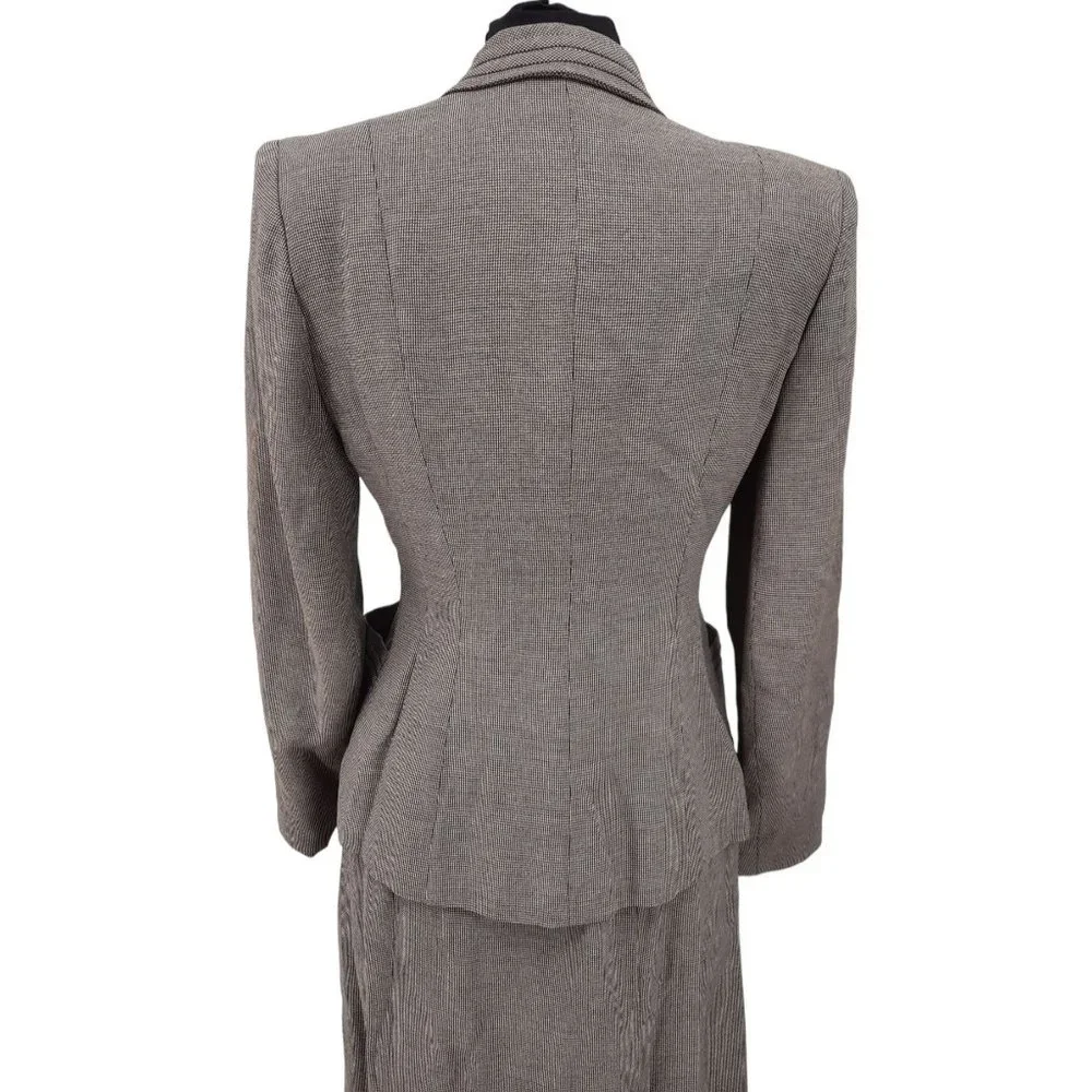 VTG 40s Brown Houndstooth Gabardine Blazer Pencil Skirt Suit Set Size S Neutral - Picture 8 of 11